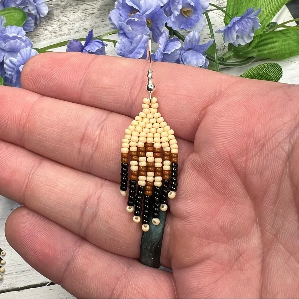 Mini Seed‎ Beaded Earrings 2 inches Long Handmade Jewelry Neutral Color Earrings